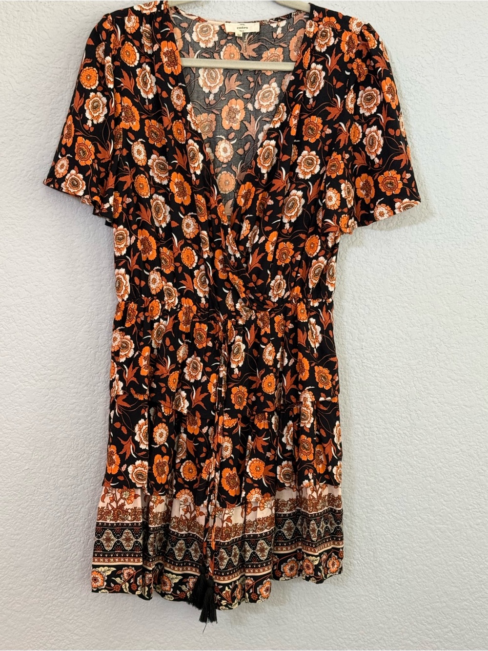 Entro Floral Border Print Tassel Tie Tiered Mini Dress M